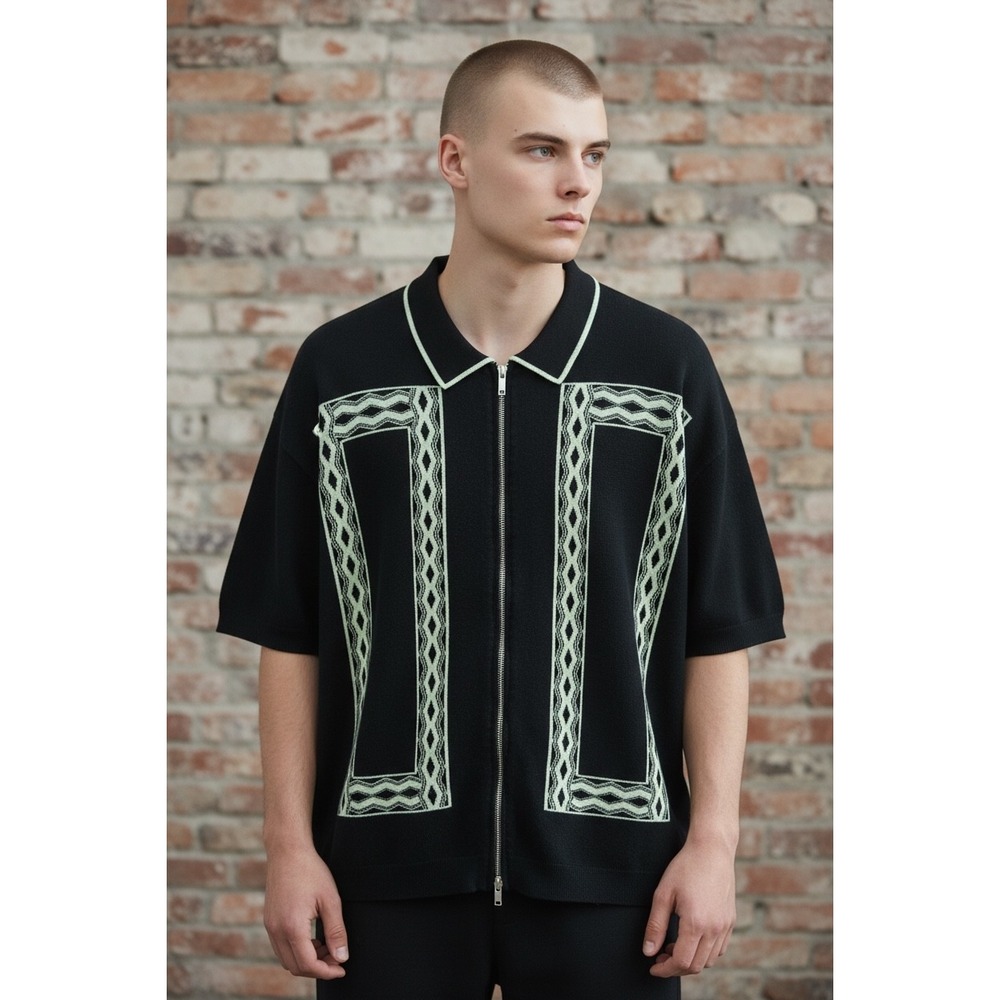 Urban Outfitters Mens XL Black Zip Up Knit Polo Shirt Geometric Intarsia Mint